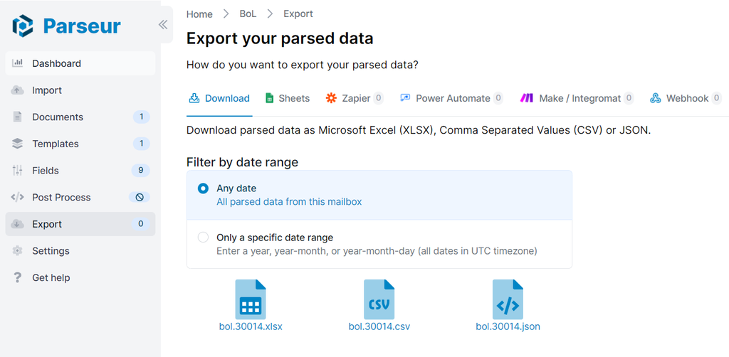 お好きなアプリケーションにデータをエクスポート A screen capture of exporting bill of lading data
