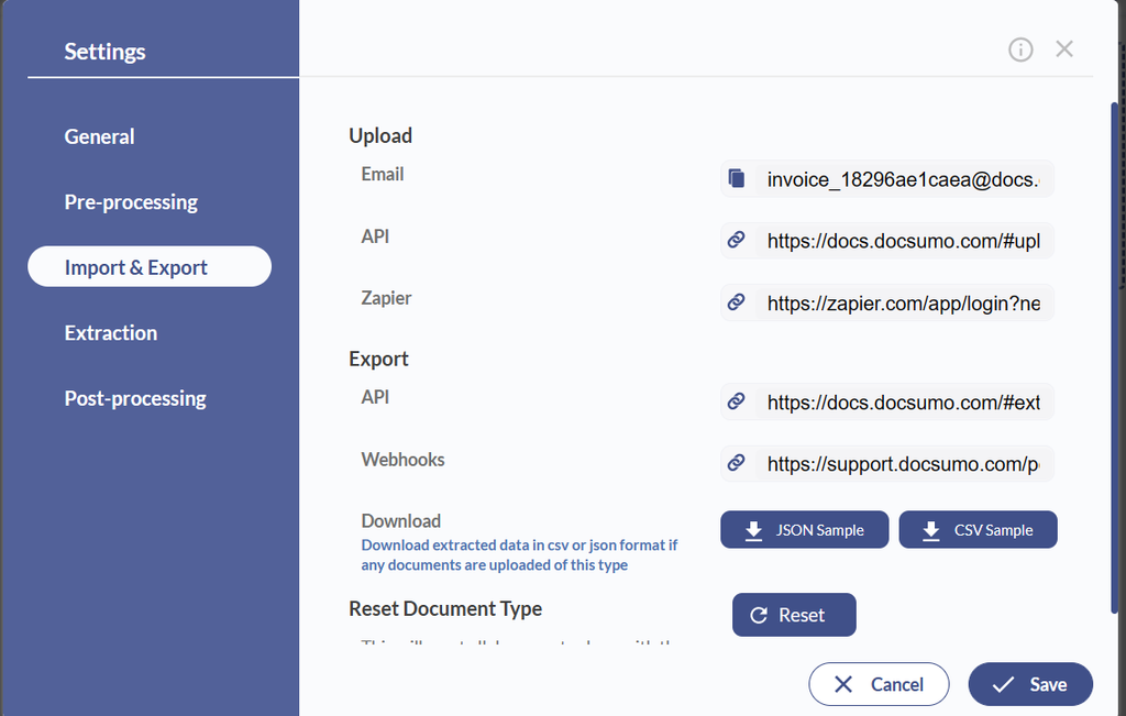 Datenexport in Docsumo Ein Screenshot des Datenexports in Docsumo
