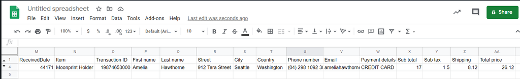 Parsed data sent to Google Sheets A screen capture of etsy data to google sheets