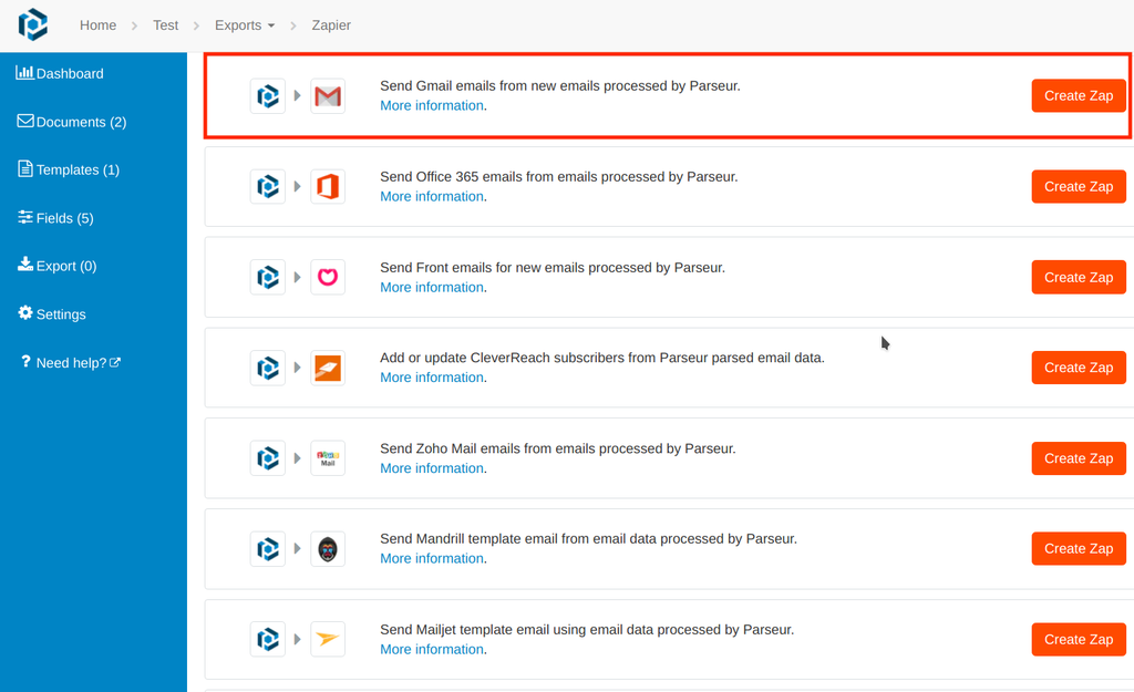 Zapier 集成示例：从 Parseur 新处理的邮件中发送 Gmail 邮件