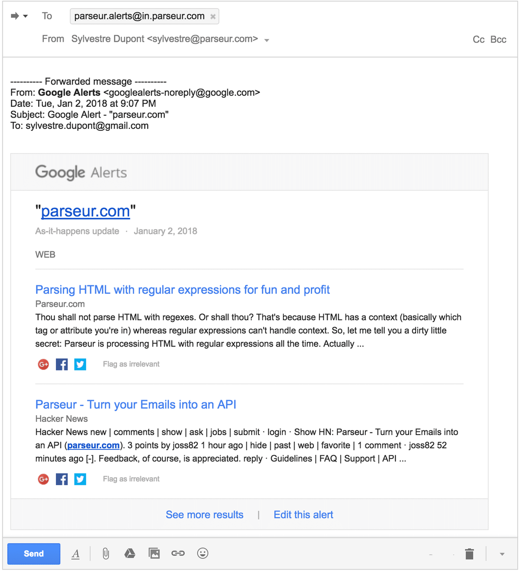 Transférer un e-mail d'alerte vers l'adresse que Parseur vient de vous donner Capture d'écran du transfert d'une alerte Google
