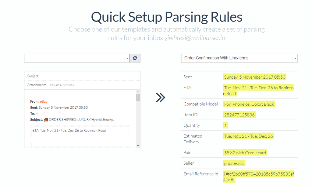 Mailparser utilise des règles de parsing individuelles pour extraire du texte des emails Capture d'écran des règles Mailparser