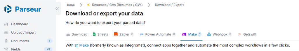 Integración nativa con Zapier, Make y Power Automate Una captura de pantalla de la integración de parseur