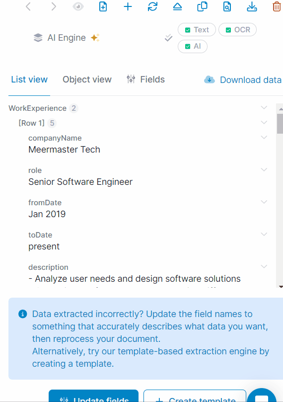 This is how the CV data will appear with the AI A screen capture of resume data