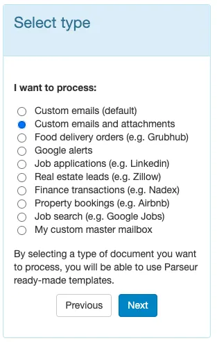 Select mailbox type A screen capture of mailbox type