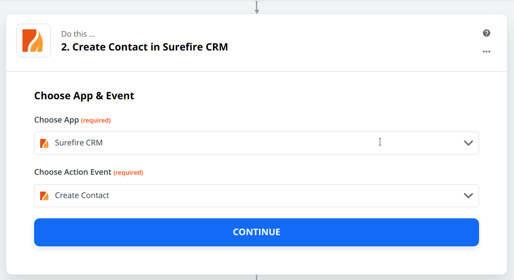 Elige “Surefire como aplicación y “crear contacto” como evento de acción