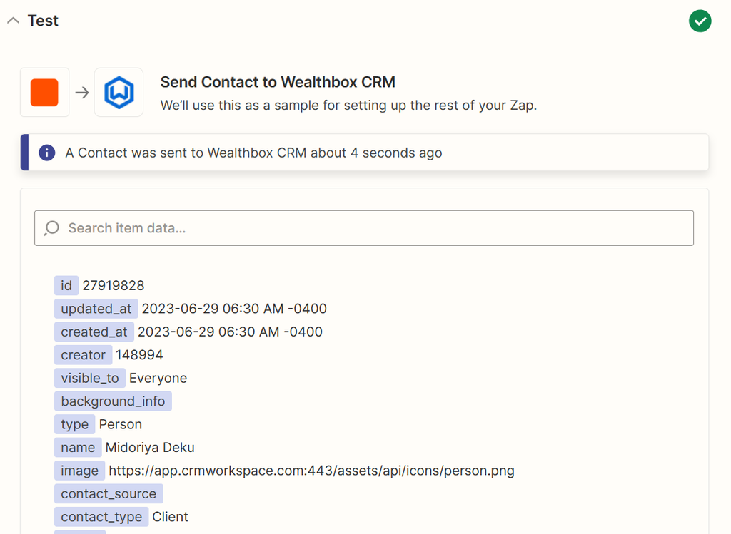 从 Zapier 向 wealthbox 发送测试 从 Zapier 向 wealthbox 发送测试